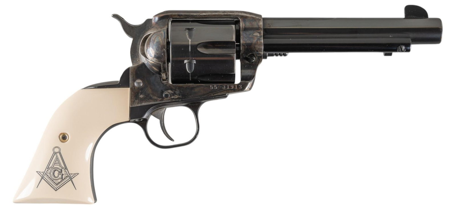 Ruger Vaquero 45 LC SA Revolver W/ Masonry Etched Grips: Serial: 55-31913 Manufacturer: Sturm, Ruger & Co. Inc. (c. 1994) Model: Vaquero Caliber: 45 LC Barrel length: 5.5 in. OAL: 11.5 in. Condition: Good; faux bone grips have very light handling marks;
