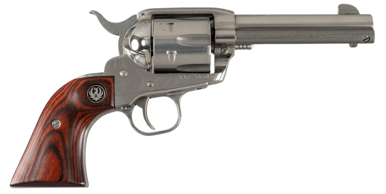 Ruger New Vaquero 357 MAG Single-Action Revolver: Serial: 512-56505 Manufacturer: Sturm, Ruger & Co. Model: New Vaquero Caliber: 357 MAG Barrel length: 4.5 in. OAL: 10 in. Condition: Good; grips have light wear & handling marks; barrel, eject
