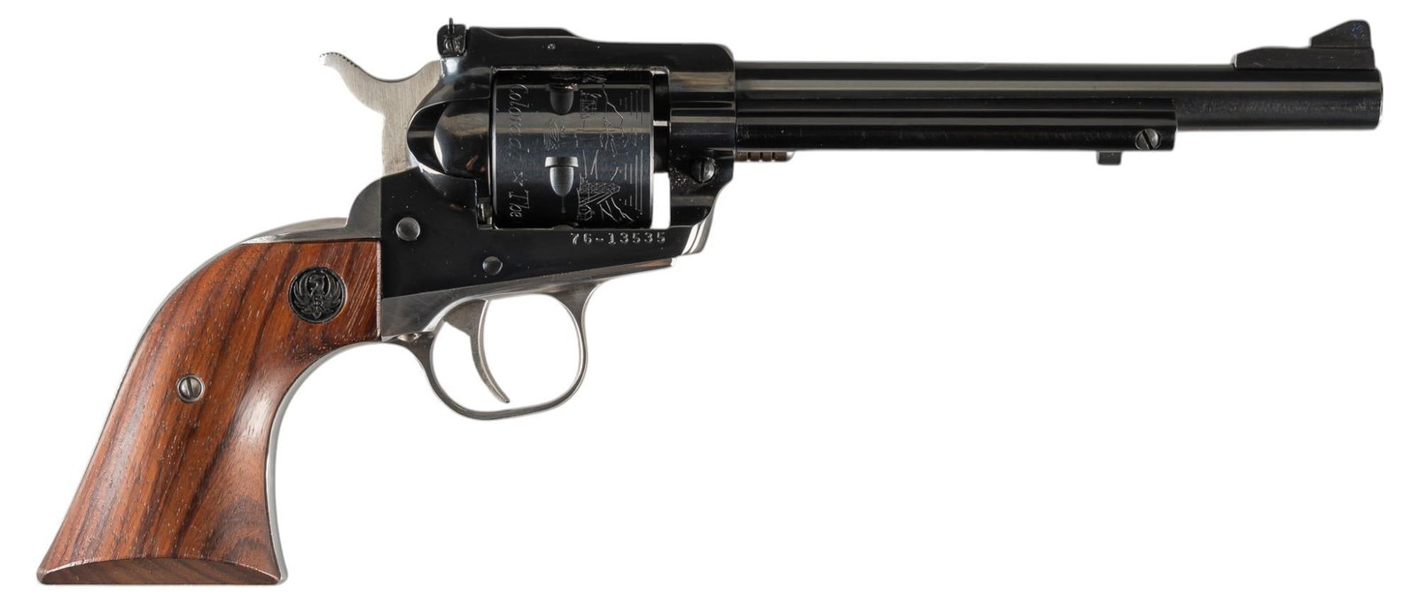 Ruger New Model Single-Six Colorado Centennial 22 LR/Mag Revolver: Serial: 76-13535 Manufacturer: Sturm, Ruger & Co. Inc. (c. 1976) Model: New Model Single-Six Colorado Centennial Caliber: 22 LR / 22 Mag Barrel length: 6.5 in. OAL: 12 in. (case: 14 in. x 7.5 in. 