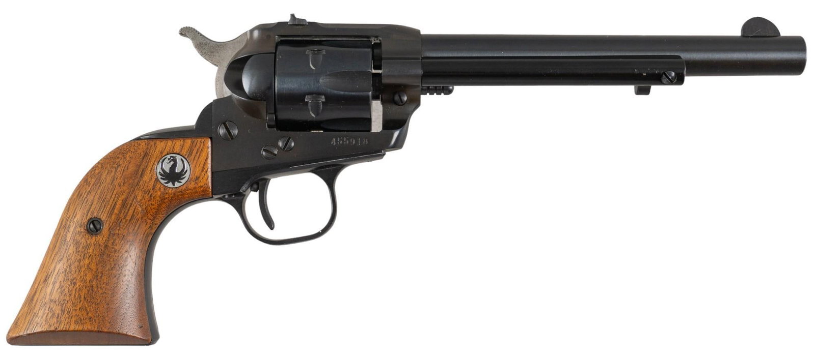 Ruger Single-Six 22 WMR Revolver: Serial: 455918 Manufacturer: Sturm, Ruger & Co. (c. 1966) Model: Single-Six Caliber: 22 WMR Barrel length: 6.5 in. OAL: 11 in. Condition: Very Good; wood grips have very light handling marks with 