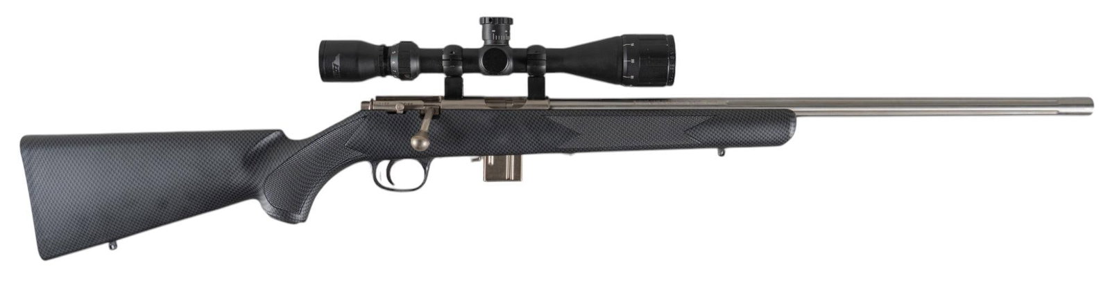 Marlin Model 917VS 17 HMR Bolt Action Rifle: Serial: 93625571 Manufacturer: Marlin Firearms Co. Model: 917VS Caliber: 17 HMR Barrel length: 22 in. OAL: 41 in. Condition: Good; synthetic stock has light handling marks; barrel & receiver have 