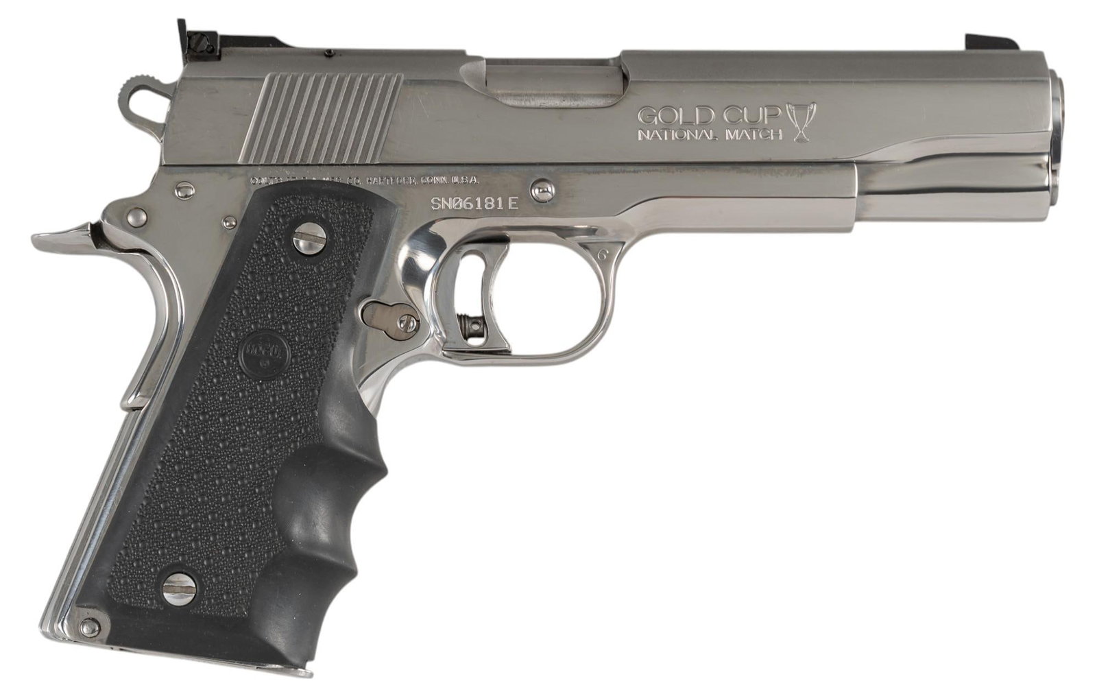 Colt 1911 Gold Cup National Match 45 ACP Semi-Auto Pistol: Serial: SN06181E Manufacturer: Colt's PT. F.A. MFG. Co. Model: MKIV Series 80 Gold Cup National Match Caliber: 45ACP Barrel length: 5 in. OAL: 8.75 in. Condition: Very Good; grips have very light 