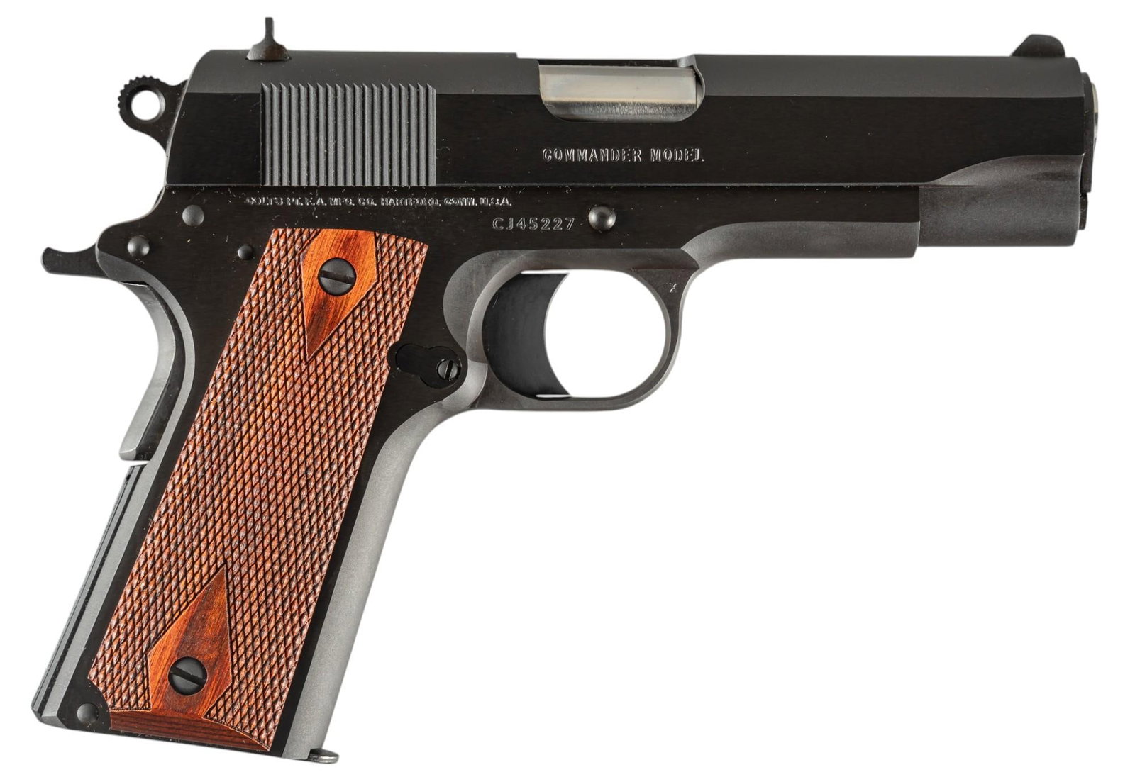 Colt 1911 Commander 45 ACP Semi-Auto Pistol: Serial: CJ45227 Manufacturer: Colt's PT. F.A. MFG. Co. (c. 2013) Model: 1911 Commander Caliber: 45 ACP Barrel length: 4.25 in. OAL: 7.75 in. Condition: Very Good-Appears Unfired; grips have very l