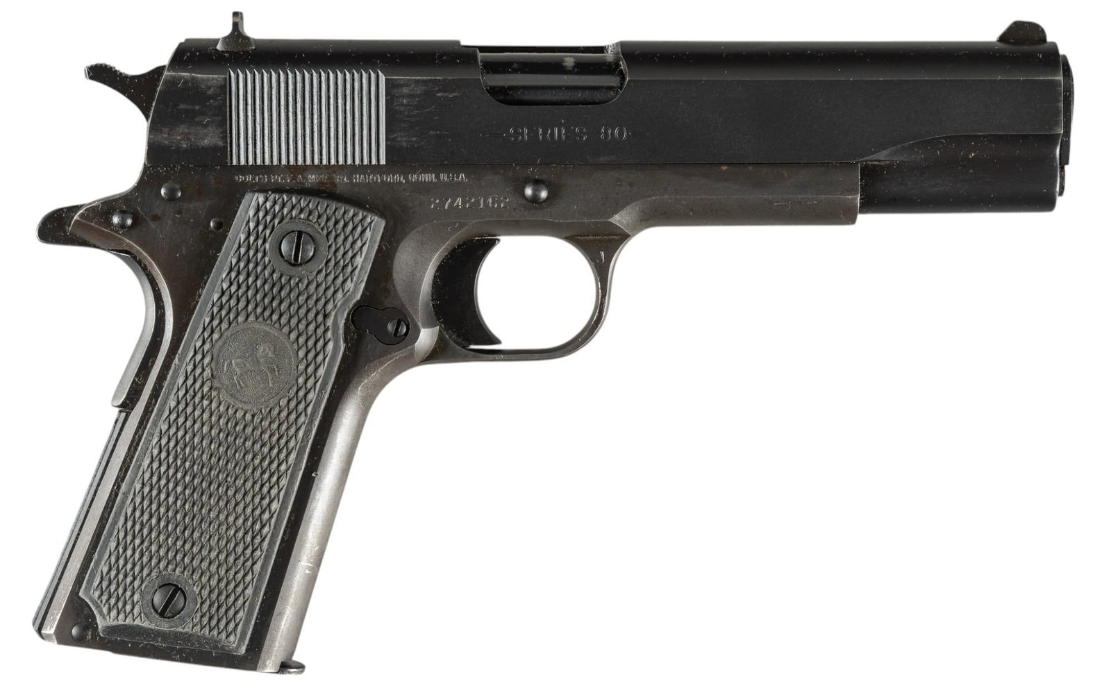 Colt Series 80 M1911A1 45 ACP Semi-Auto Pistol: Serial: 2742162 Manufacturer: Colt's PT. F.A. MFG. Co. (c. 1994) Model: M1911A1 Government Series 80 Caliber: 45 ACP Barrel length: 5 in. OAL: 8.5 in. Condition: Good; grips have light wear & 