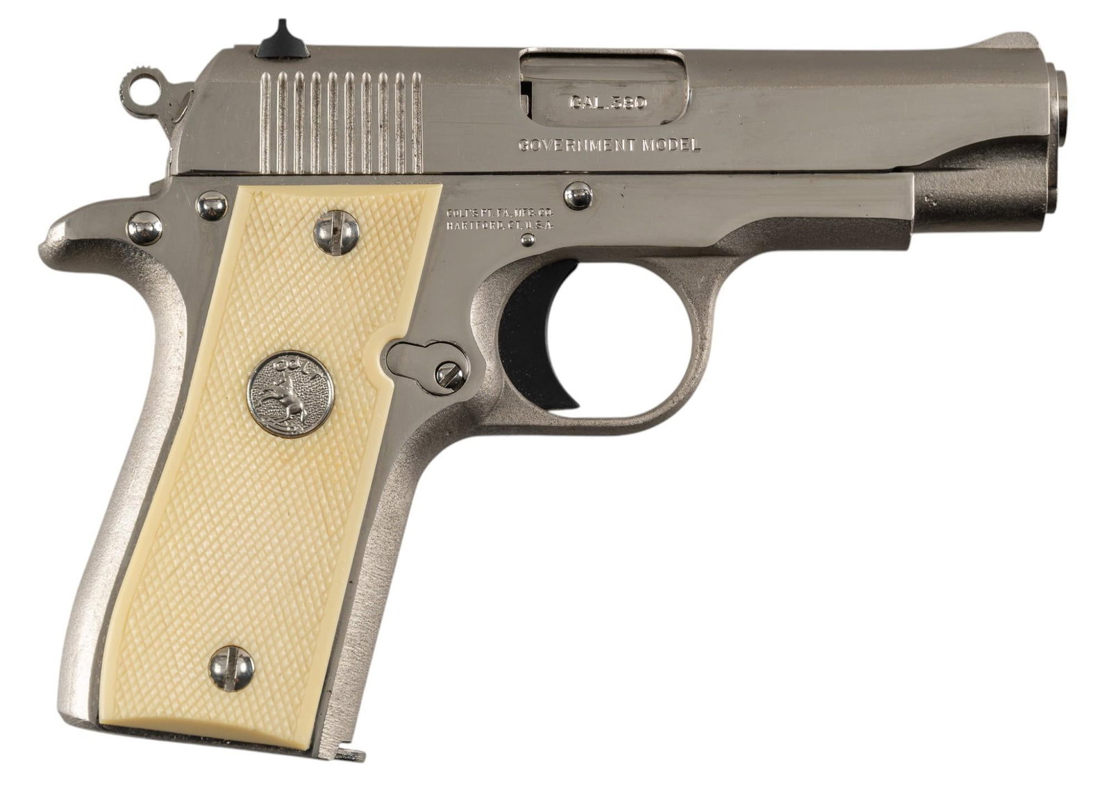 Colt MKIV Series 80 Government Model 380 ACP Semi-Auto Pistol: Serial: RC46588 Manufacturer: Colt's P.T. F.A. MFG. Co. (c. 1985) Model: Government Model 380 Caliber: 380ACP Barrel length: 3.25 in. OAL: 6.25 in. Condition: Very Good; grips have very light hand