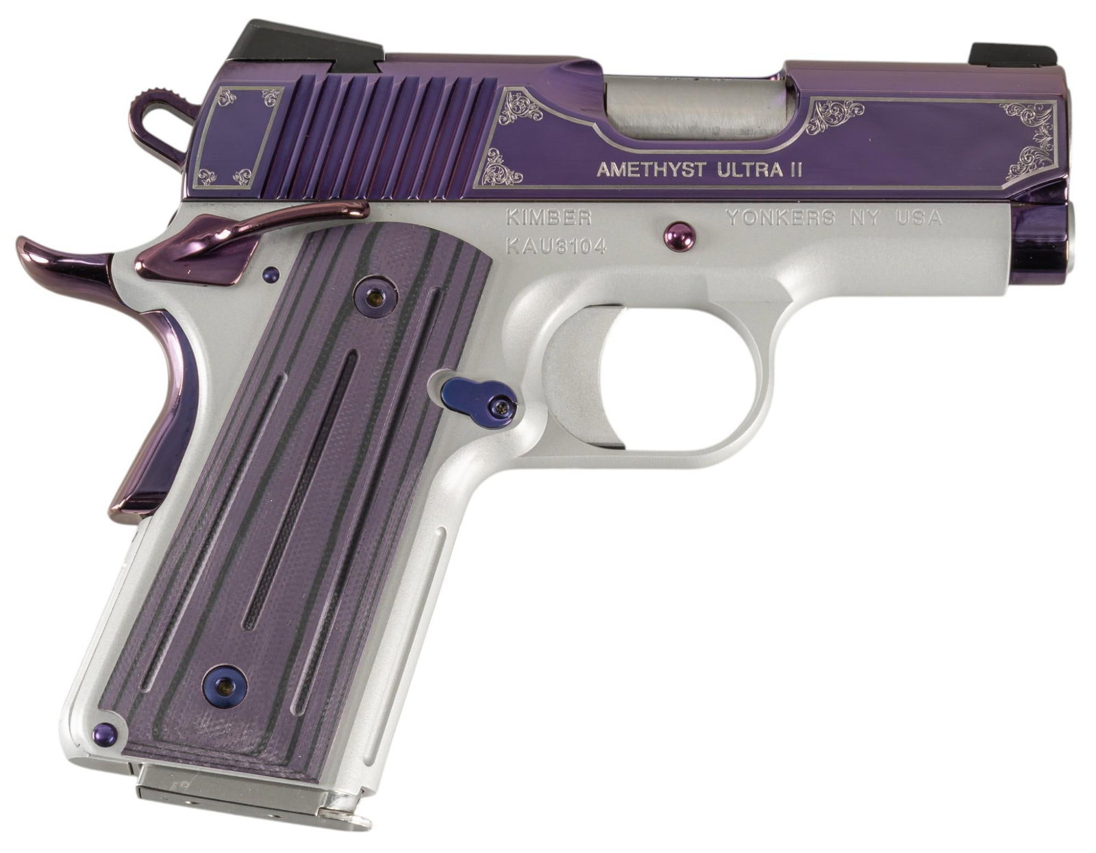 Like New Kimber Amethyst Ultra II 45 ACP Semi Auto Pistol: Serial: KAU3104 Manufacturer: Kimber Model: Amethyst Ultra II Caliber: 45 ACP Barrel length: 3.5 in. OAL: 6.75 in. Condition: Excellent-Like new in box; very slight handling marks; bore is excellent &