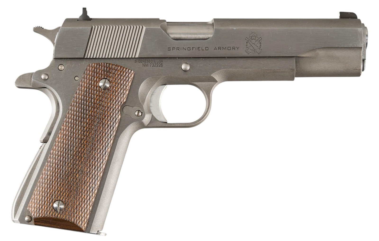Springfield 1911 MIL-SPEC SS 45 ACP Semi Auto Pistol: Serial: NM732226 Manufacturer: Springfield Armory Model: 1911 MIL-SPEC SS Caliber: 45 ACP Barrel length: 5 in. OAL: 8.75 in. Condition: Good; wood checkered grips have light handling marks; frame &