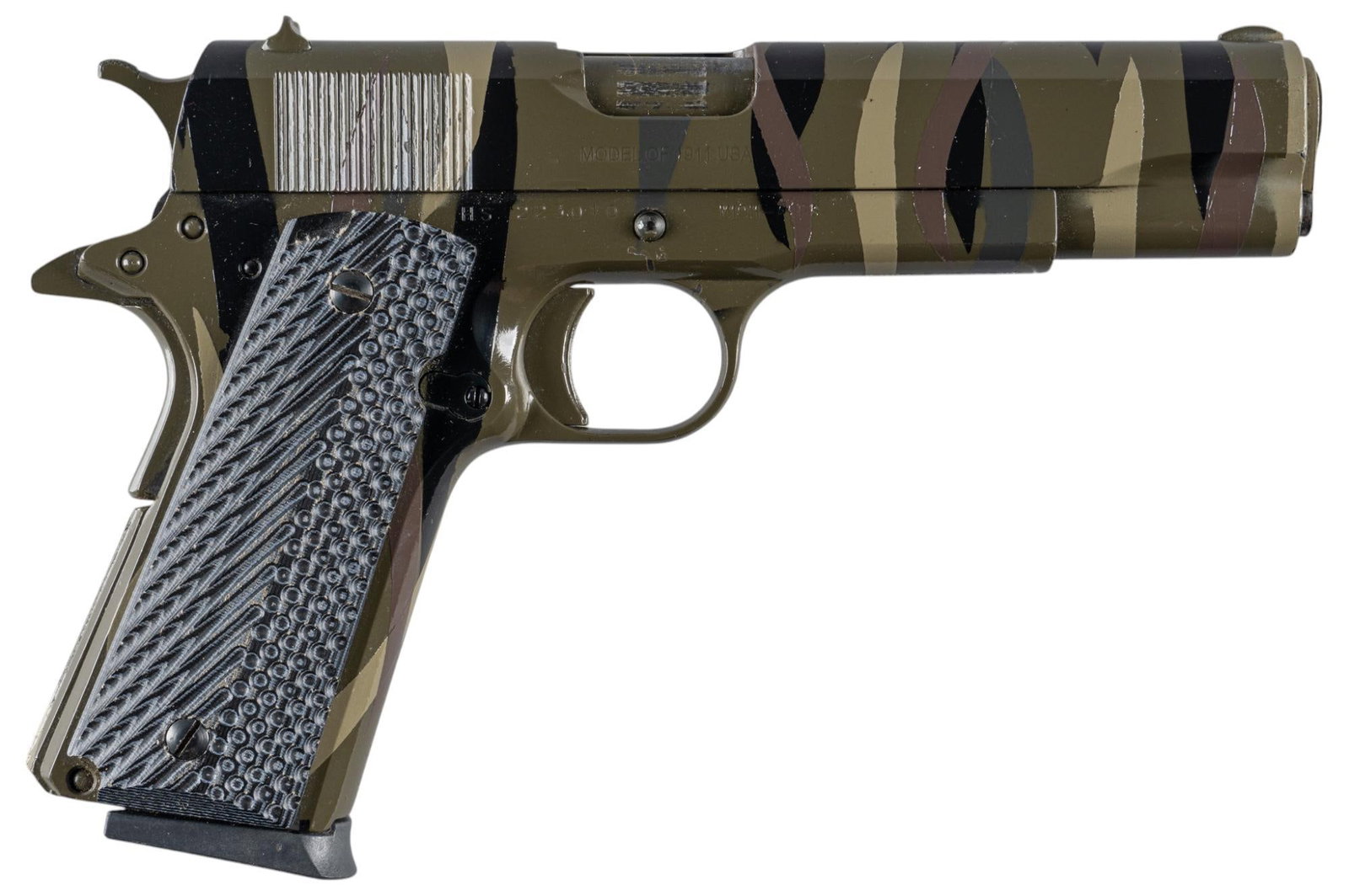 High Standard/AP M1911-A1 FS .45ACP Semi-Auto Pistol: Serial: HS1223010 Manufacturer: High Standard Mfg. Co. / Apintl-Pahrump NV, Philippines Model: M1911-A1 FS Caliber: .45ACP Barrel length: 5" OAL: 8.5" Condition: Very Good; G10 grips have very