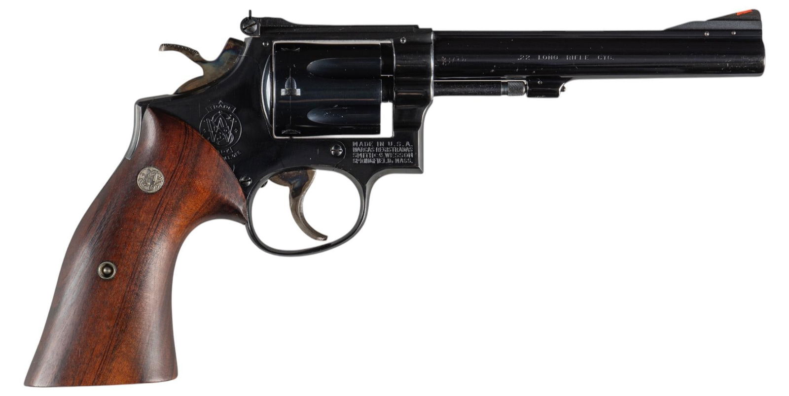 Smith & Wesson Model 17-2 22LR Revolver: Serial: K633248 Manufacturer: Smith & Wesson Model: 17-2 Caliber: 22 LR Barrel length: 6 in. OAL: 11.25 in. Condition: Very good; grips have very light wear & handling marks; barrel & rece