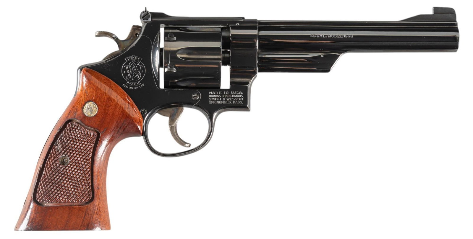 Smith & Wesson Model 25-2 45 ACP Revolver: Serial: N406231 Manufacturer: Smith & Wesson (c. 1977) Model: 25-2 (Model 1955) Caliber: 45 ACP Barrel length: 6.5 in. (add premium for 6.5 in. pinned barrel) OAL: 12 in. Condition: Very Good; woo