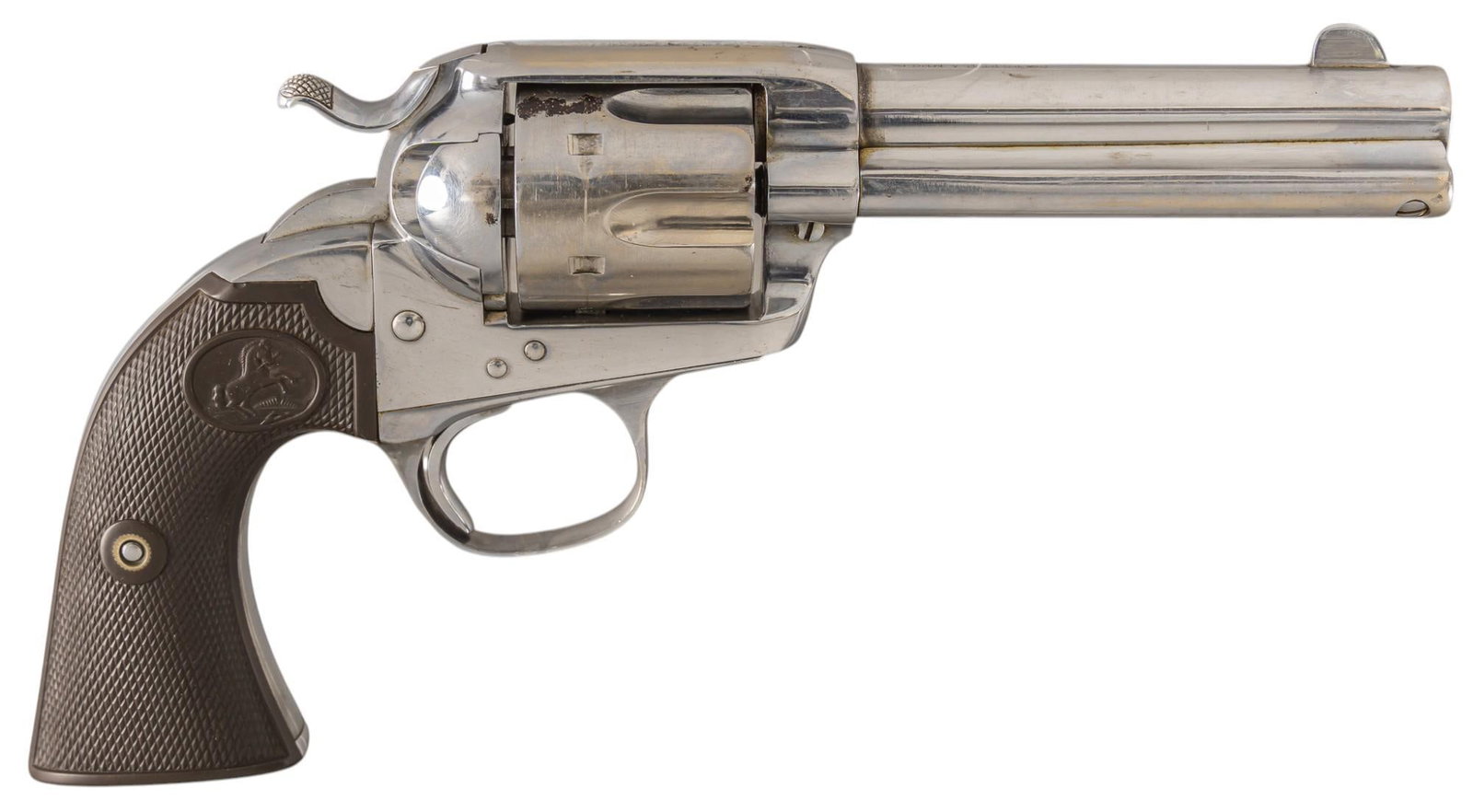 Nickel Colt SAA Bisley 38 WCF Revolver W/ Letter: Serial: 284637 Manufacturer: Colt's PT. F.A. Mfg. Co. (c. 1906) Model: Single Action Army Bisley Caliber: 38-40 WCF Barrel length: 4.75 in. OAL: 10.5 in. Condition: Good-early refinish; hard rubbe