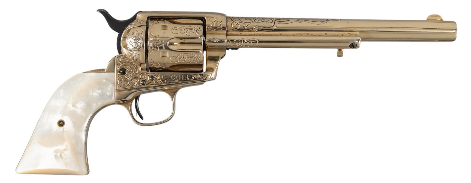 Antique Nickel Engraved Colt Single Action Army 44 WCF Revolver W/ Letter: Serial: 47147 Manufacturer: Colt's PT. F.A. Mfg. Co. (c. 1878) Model: 1873 Single Action Army Caliber: 44-40 WCF Barrel length: 7.5 in. OAL: 13 in. Condition: Very Good-Antique; Mother of Pearl gr