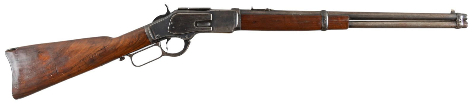 Winchester Model 1873 44 WCF Saddle Ring Carbine W/ Letter: Serial: 549267 Manufacturer: Winchester Repeating Arms Co. (c. 1900) Model: 1873 SRC Caliber: 44-40 WCF Barrel length: 20 in. OAL: 38.5 in. Condition: Good-Antique; wood stock & forend have mostly