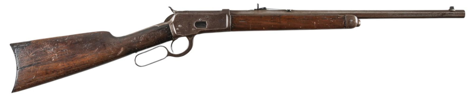 Antique Winchester Model 1892 44 WCF Lever Action Rifle: Serial: 58622 Manufacturer: Winchester Repeating Arms Co. (c. 1896) Model: 1892 Caliber: 44-40 WCF Barrel length: 20 in. OAL: 38.25 in. Condition: Fair; wood stock & forend have significant wear &