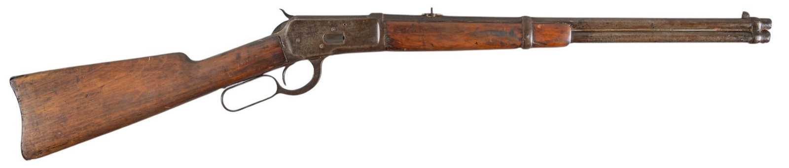 Winchester Model 1892 Saddle Ring Carbine 44 WCF Lever Action Rifle: Serial: 631065 Manufacturer: Winchester (c. 1911) Model: 1892 Saddle Ring Carbine Caliber: 44 WCF (44-40) Barrel length: 20 in. OAL: 38 in. Condition: Fair; stock & forend have heavy wear & ha
