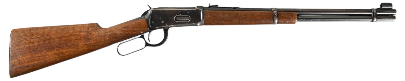WWII Era Winchester Model 94 25-35 WCF Lever Action Carbine: Serial: 1275361 Manufacturer: Winchester Repeating Arms Co. (c. 1941) Model: 94 Carbine Caliber: 25-35 WCF Barrel length: 20 in. OAL: 38.5 in. Condition: Good; wood stock & forend have moderate we