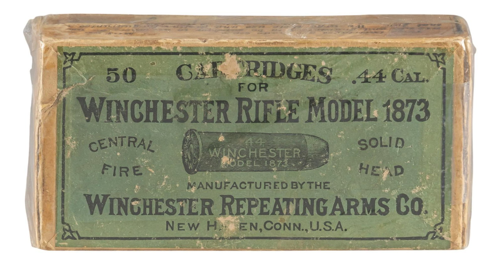 Desirable Winchester Model 1873 50 Round Cartridge Box: Full: Original Winchester Rifle Model 1873 44 WCF cartridge box; full: 50 rounds sealed in plastic wrap Condition: box has moderate wear & some flaking; sealed in plastic wrap and taped to preserve box;