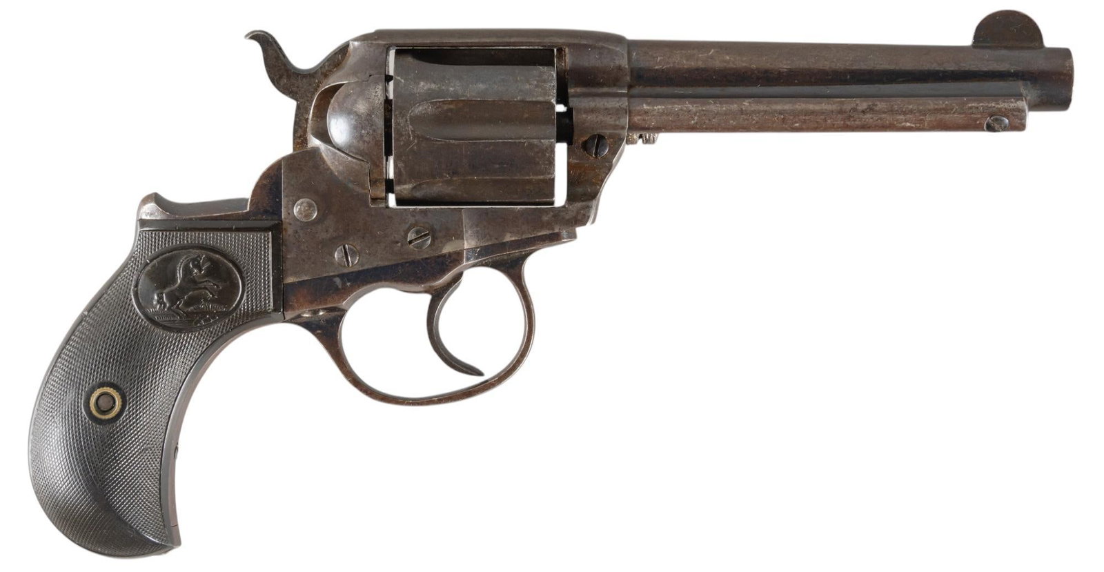 Colt 1877 Lightning 38 Colt DA Revolver: Serial: 144795 Manufacturer: Colt's PT. F.A. Mfg. Co. (c. 1903) Model: 1877 Lightning Caliber: 38 Colt Barrel length: 4.5 in. OAL: 9 in. Condition: Fair; hard rubber grips have moderate wear comme