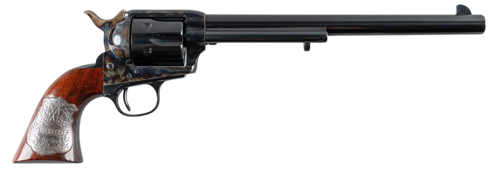 Cimarron Wyatt Earp Buntline 1873 SAA 45 LC Revolver: Serial: P44100 Manufacturer: Uberti-Italy / Cimarron-Fredericksburg, TX Model: 1873 Wyatt Earp Buntline Caliber: 45 Long Colt Barrel length: 10 in. OAL: 16 in. Condition: Excellent - Very Good: wood g