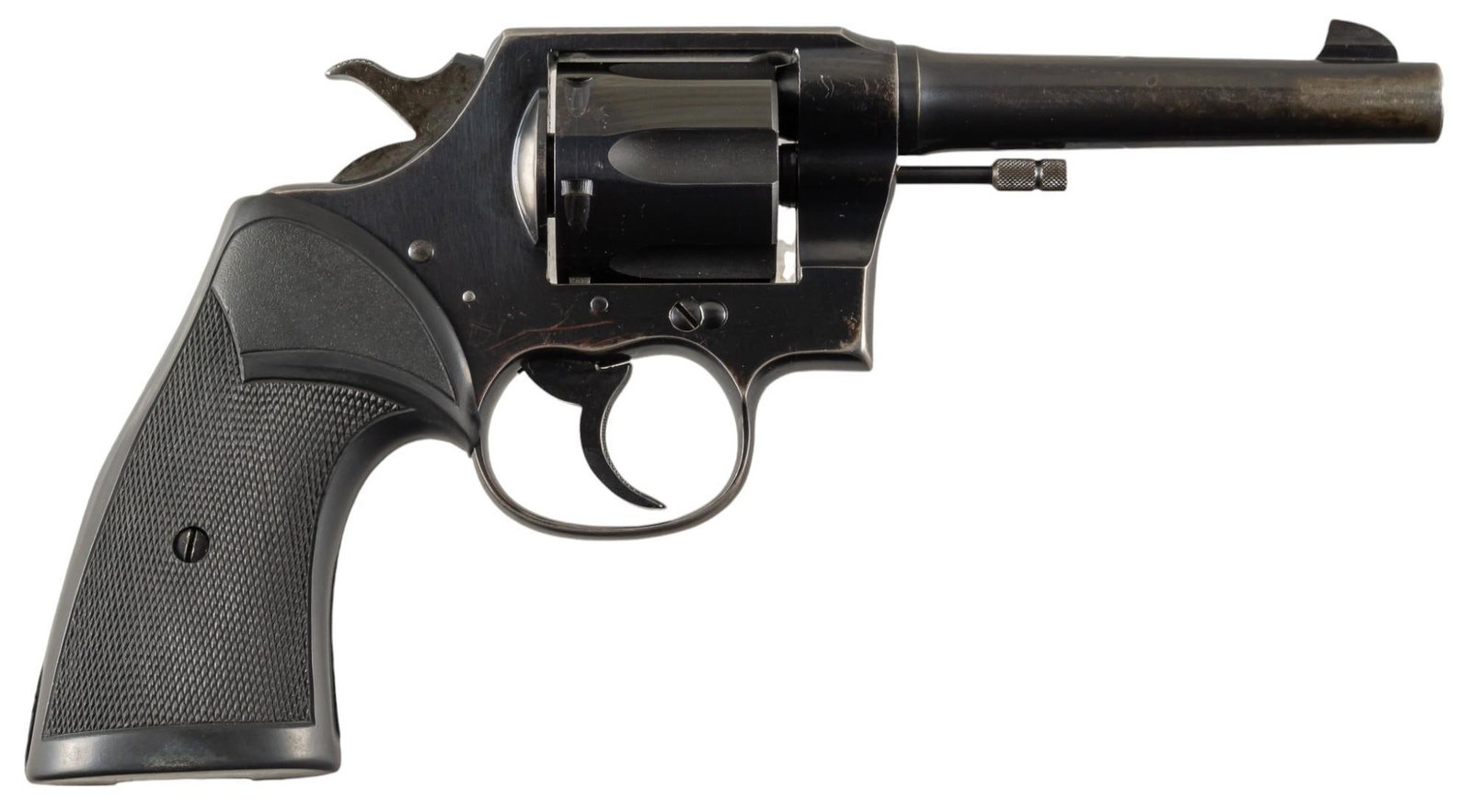 Colt New Service 38 SPL Revolver: Serial: 335128 Manufacturer: Colt's PT. F.A. MFG. Co. Model: New Service Caliber: 38 SPL Barrel length: 5 in. OAL: 10 in. Condition: Good; Pachmayr grips have light wear & handling marks throu