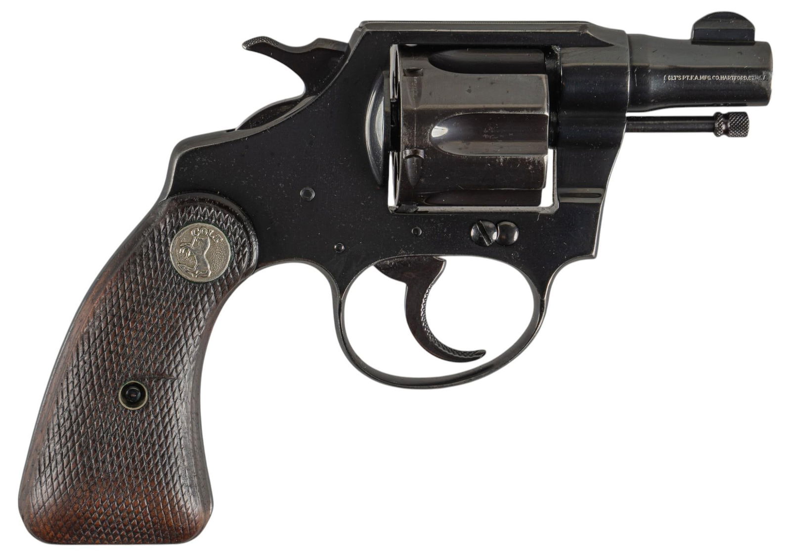 Colt Bankers Special 38S&W Revolver: Serial: 398586 Manufacturer: Colt's PT. F.A. MFG. Co. (c. 1941) Model: Bankers Special Caliber: 38 S&W Barrel length: 2 in. OAL: 6.5 in. Condition: Good; grips have light wear & handling m