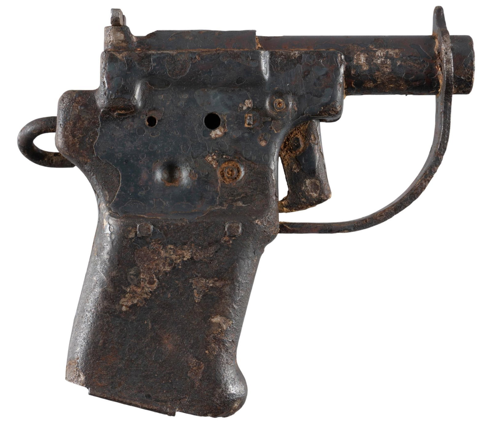 WWII GM FP-45 Liberator 45 ACP Pistol: Serial: NSN Manufacturer: GM (General Motors) Model: FP-45 Liberator Caliber: 45 ACP Barrel Length: 4 in. OAL: 5 in. Condition: Poor; heavy rust & pitting throughout; bore is dark & pitted; mi