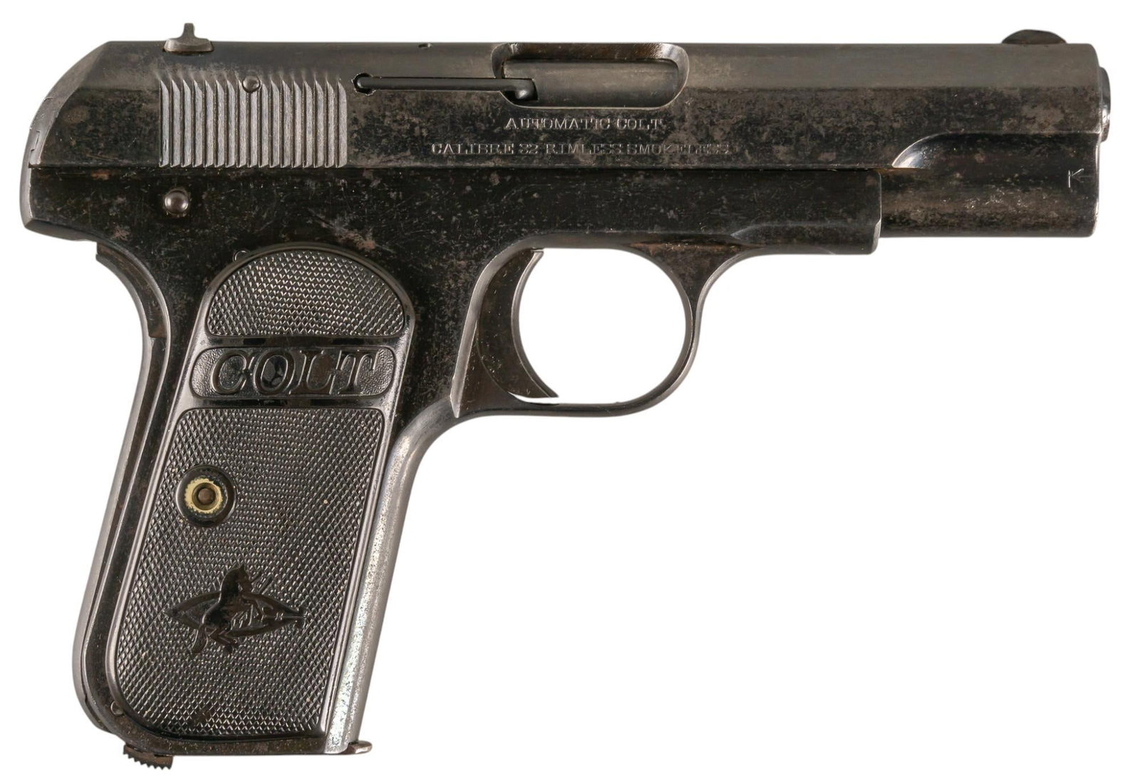 Colt M1903 Pocket Hammerless 32ACP Semi-Auto Pistol: Serial: 133210 Manufacturer: Colt's PT. F.A. MFG. Co. (c. 1912) Model: Pocket Hammerless Caliber: 32 ACP Barrel length: 3.75 in. OAL: 6.75 in. Condition: Fair; grips have light wear & handling