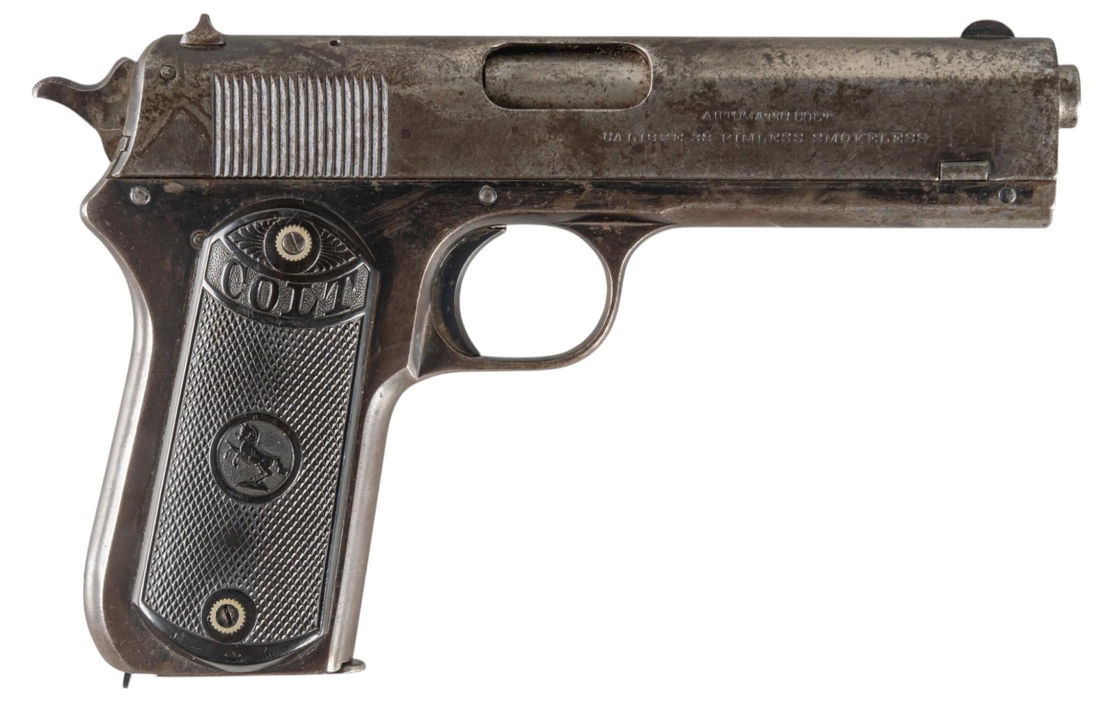 Colt 1903 Pocket Hammer 38 ACP Semi-Auto Pistol: Serial: 38948 Manufacturer: Colt's PT. F.A. MFG. Co. (c. 1917) Model: 1903 Pocket Hammer Caliber: 38 ACP Barrel length: 4.5 in. OAL: 7.75 in. Condition: Fair-Good; grips have light wear & hand