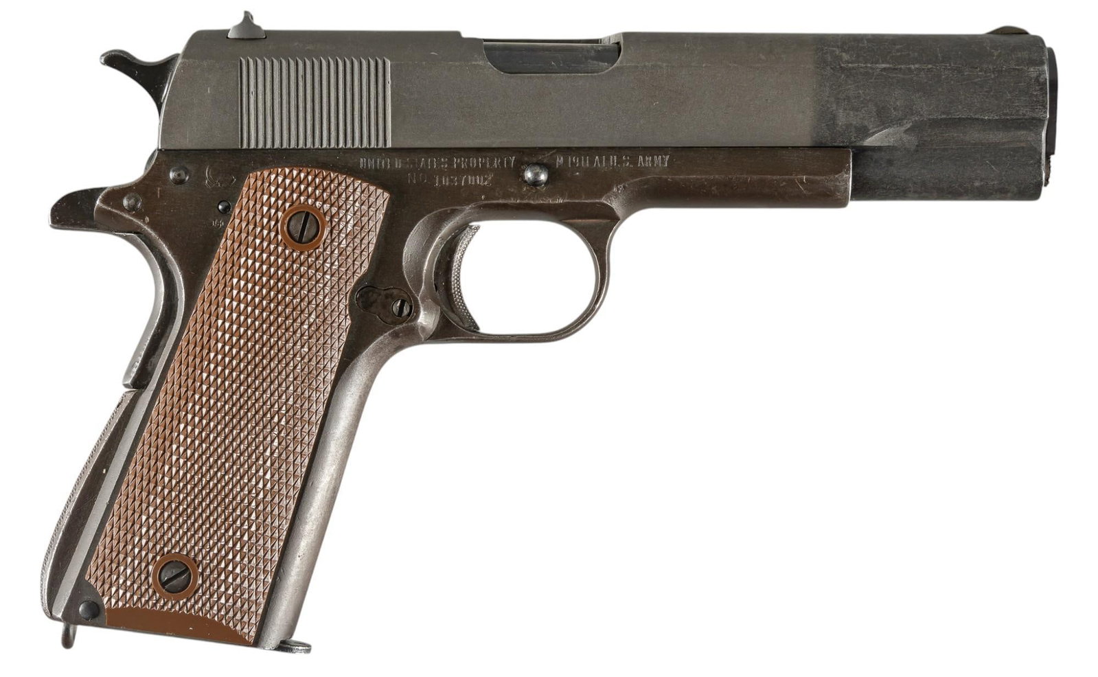 WWII US Remington Rand / Union Switch & Signal M1911 A1 Pistol: Serial: 1037002 Manufacturer: Remington Rand (frame); Union Switch & Signal (slide) (c. 1943) Model: M1911 A1 U.S. Army Caliber: 45 ACP Barrel length: 5 in. OAL: 8.75 in. Condition: Good; plastic 