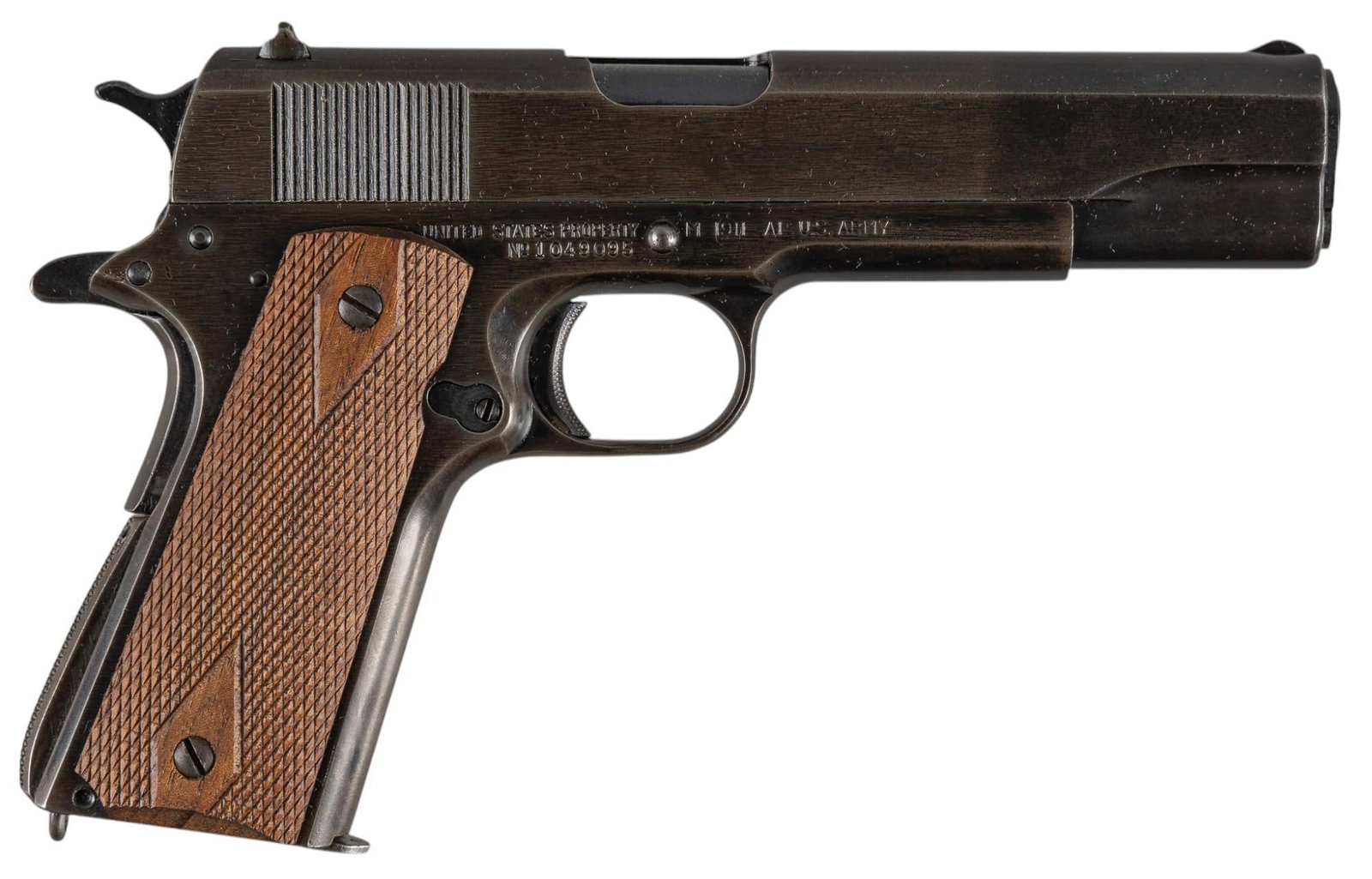Desirable Union Switch & Signal Co. M1911A1 45 ACP Semi-Auto Pistol: Serial: 1049095 Manufacturer: Union Switch & Signal Co. Model: M1911A1 US Army Caliber: 45 ACP Barrel length: 5 in. OAL: 8.5 in. Condition: Good; replacement grips have very light wear & handl
