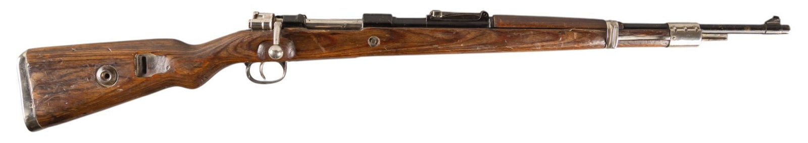 WWII Gustloff "bcd / 42" Code M98 8mm Mauser Rifle: Serial: 4914 Manufacturer: Gustloff-Werke, Germany (c. 1942) Model: M98 "bcd 42" code Caliber: 8mm Mauser Barrel length: 24 in. OAL: 43.5 in. Condition: Fair; wood laminate stock has wear &