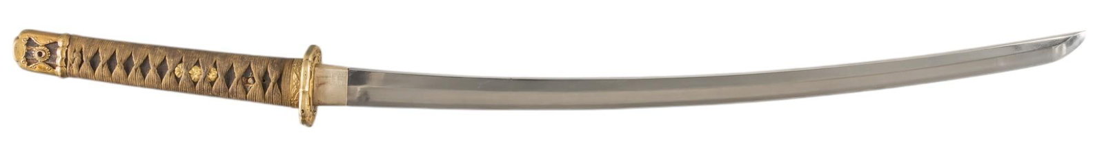 WWII Japanese Kai Gunto Naval Officers Katana W/ Saya & Surrender Tag: Manufacturer: Toyokama Naval Arsenal (machine made) Model: Kai Gunto Katana (Mid-Showa period) Blade Length: 25 in. OAL: 37.5 in. in saya Condition: Good; blade has moderate wear marks; some imperfect