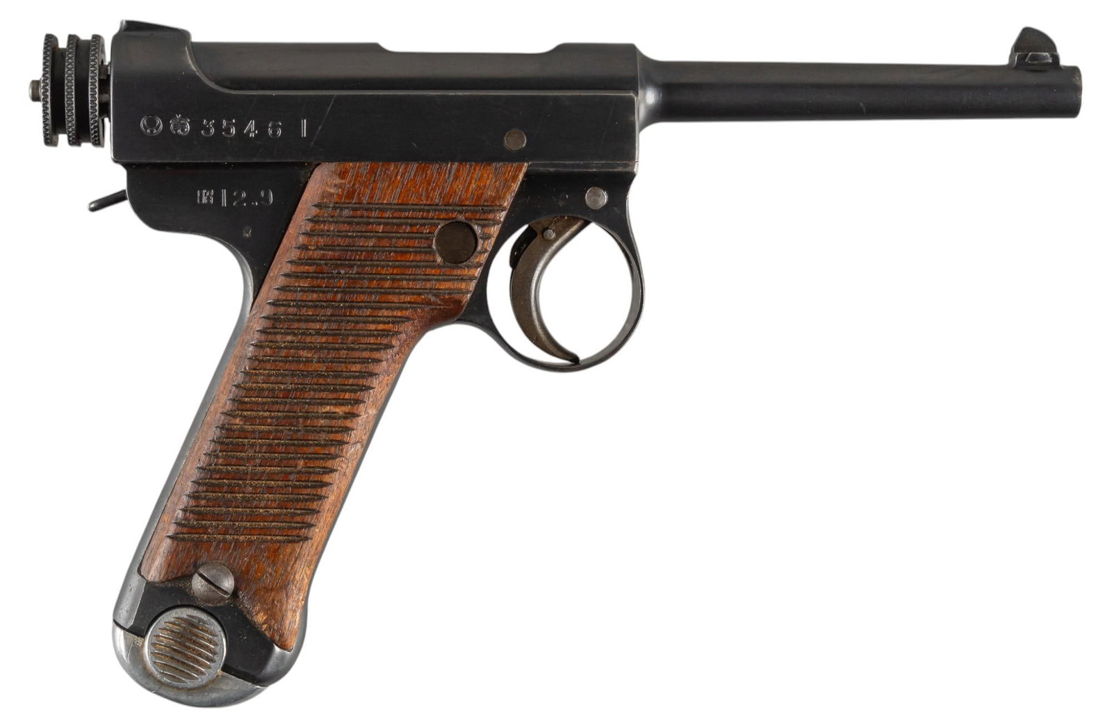 WWII Japanese Type 14 8mm Nambu Pistol W/ Holster and Ammunition: Serial: 35461 Manufacturer: Nagoya Arsenal-Japan (c. Sept. 1937) Model: Type 14 Nambu Caliber: 8x22mm Nambu Barrel length: 4.75 in. OAL: 9 in. Condition: Very Good; wood grips have moderate handling m