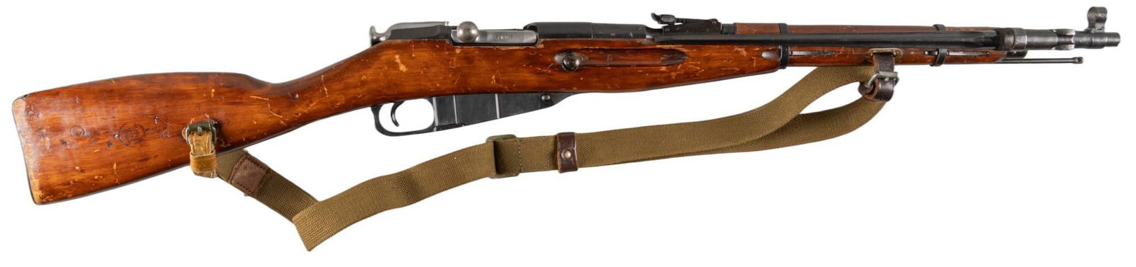 WWII Izhevsk M44 7.62x54R Bolt Action Carbine: Serial: 24543 Manufacturer: Izhevsk Arsenal-Russia (c. 1944) / R Guns Model: M44 Caliber: 7.62x54R Barrel Length: 20 in. OAL: 40 in. Condition: Good; wood stock has moderate wear; barrel & receive