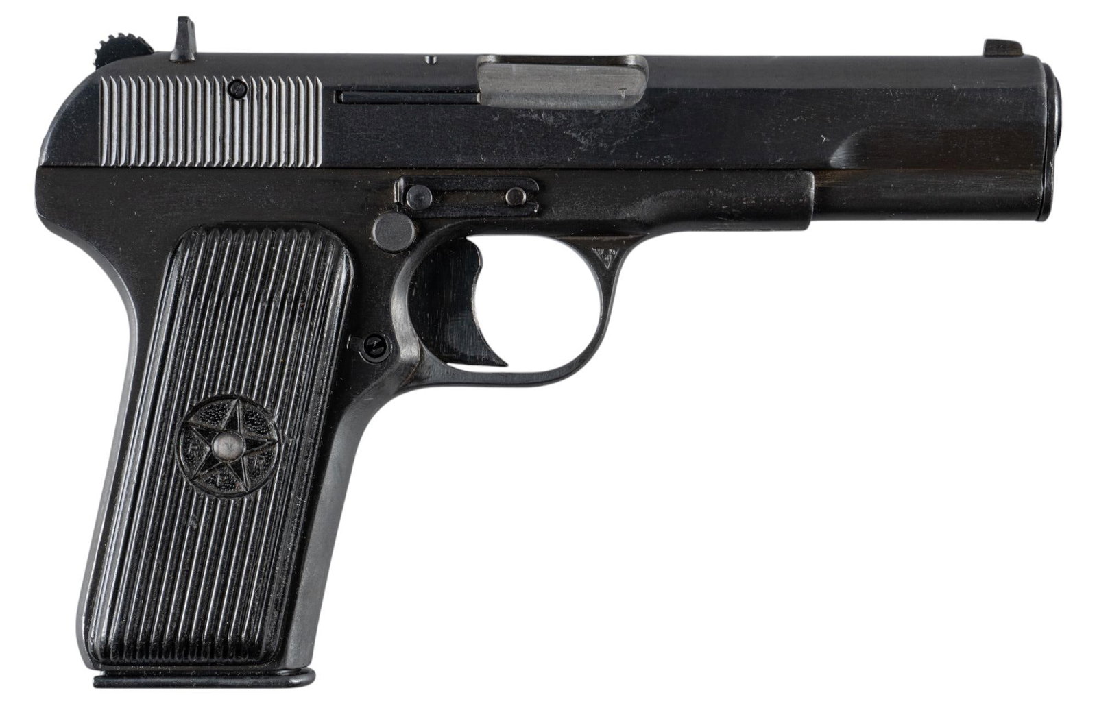 Romanian Tokarev TT-33C 7.62x25 Semi-Auto Pistol: Serial: ZH951 Manufacturer: Cugir-Romania/M+M Inc. (c. 1953) Model: TT-33C Caliber: 7.62x25 Barrel length: 4.5 in. OAL: 8.25 in. Condition: Good; grips have light wear & handling marks, right 