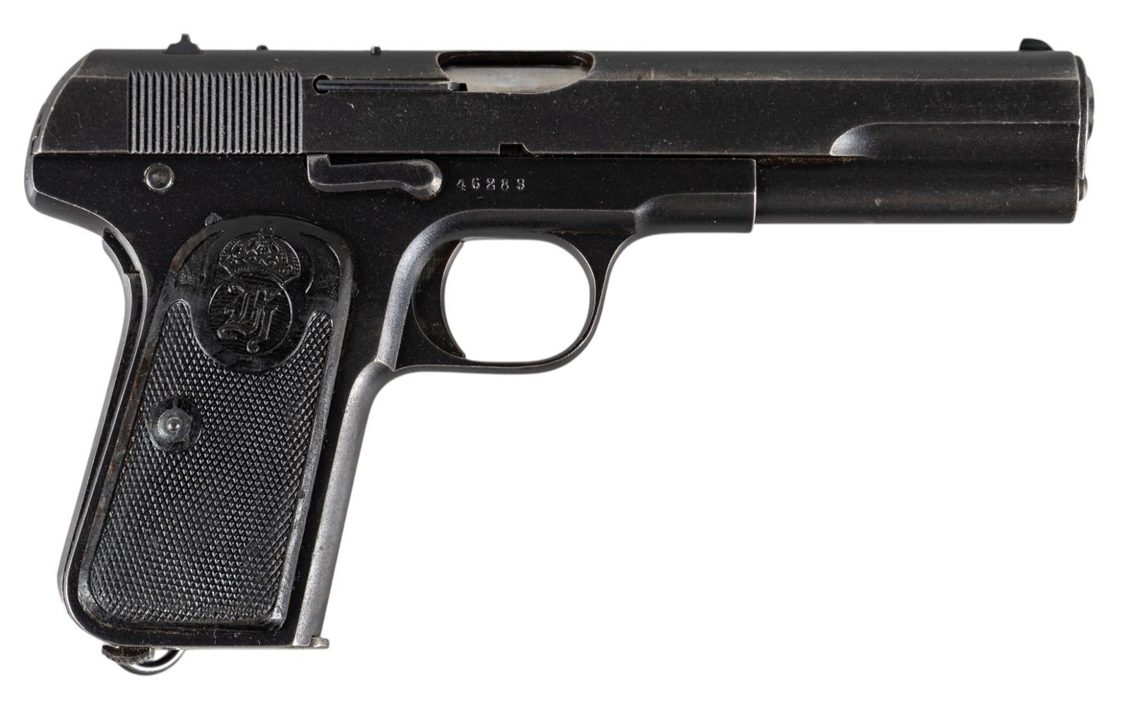 Husqvarna Model 1907 380ACP Semi-Auto Pistol: Serial: 46283 Manufacturer: HusqvarnaSweden Model: 1907 Caliber: 380 ACP Barrel length: 5 in. OAL: 8 in. Condition: Good; grips have very light wear & handling marks commensurate with age; slide &