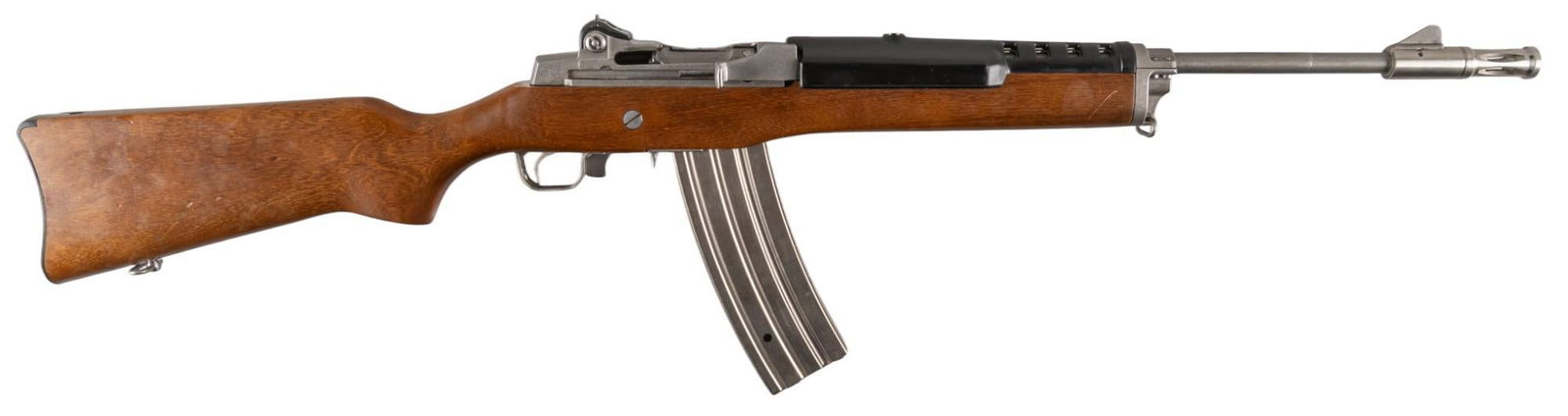 Ruger Mini 14 223 Rem Semi Auto Rifle: Serial: 185-94728 Manufacturer: Sturm, Ruger & Co. Model: Mini-14 Caliber: 223 Rem Barrel length: 20 in. w/ flash hider OAL: 39 in. Condition: Good; wood stock has light handling marks; barrel &am