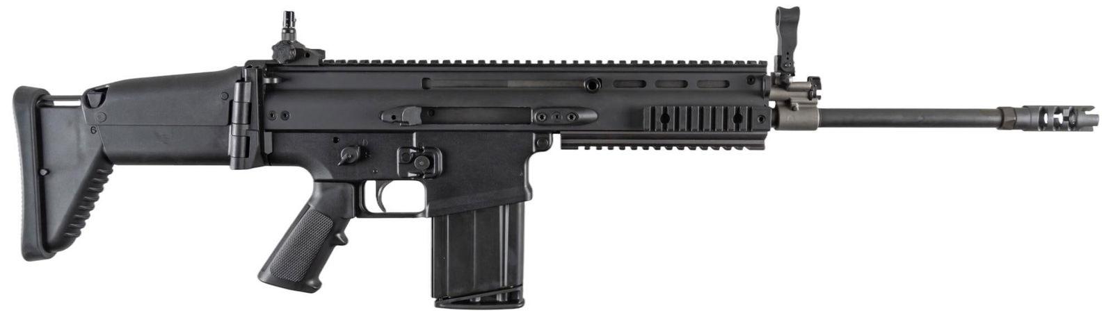 FN SCAR 17S Heavy Duty 7.62 NATO Semi-Auto Rifle: Serial: HC39504 Manufacturer: Fabrique Nationale-Belgium/FNH-USA Model: SCAR 17S HD Caliber: 7.62 NATO Barrel length: 16.25 in. OAL: 36-38.5 in. Condition: Very Good: very light handling marks with ve