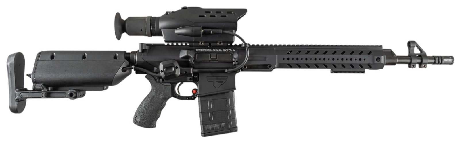Tracking Point LMT LM308MWS 7.62 NATO Precision Guided Firearm: Serial: TP00234 Manufacturer: Lewis Machine & Tool Co.-Milan, IL USA / Tracking Point Model: LM308MWS Tracking Point Caliber: 7.62x51 Barrel length: 18 in. (20 in. with flash hider) OAL: 39.25 in.