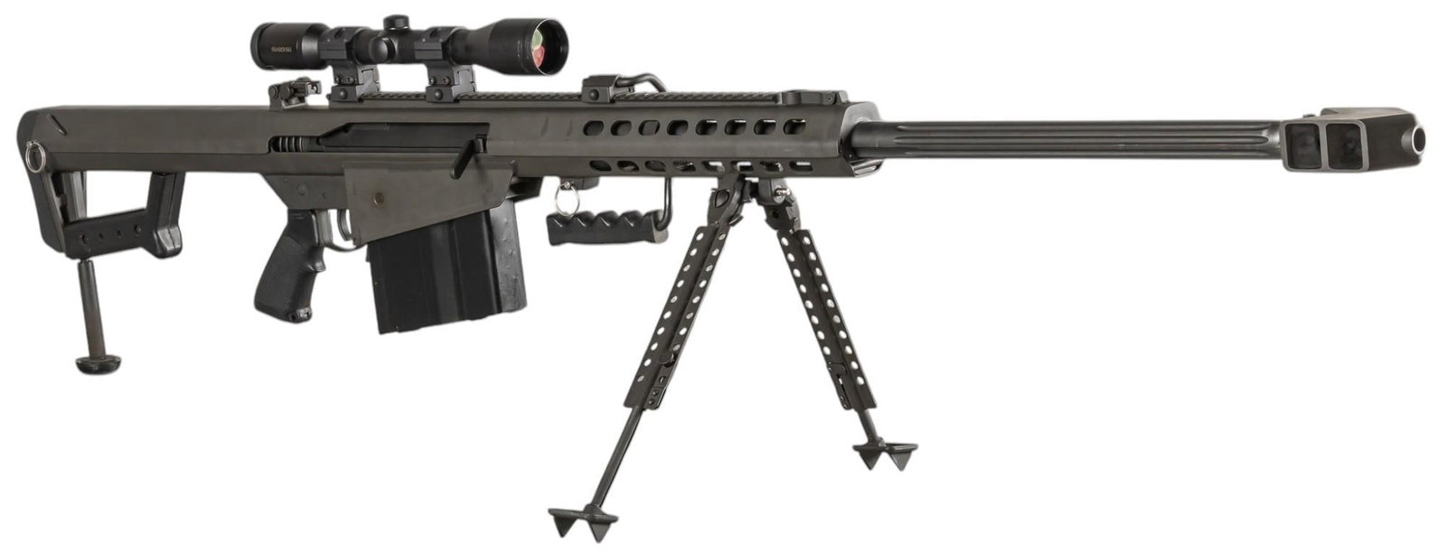 Barrett 82A1 50 BMG Semi-Auto Rifle: Serial: 5168 Manufacturer: Barrett Model: 82A1 NG Caliber: 50 BMG Barrel length: 29 in. OAL: 57 in. Condition: Good; Upper & lower receiver have light wear & handling marks throughout; barrel 