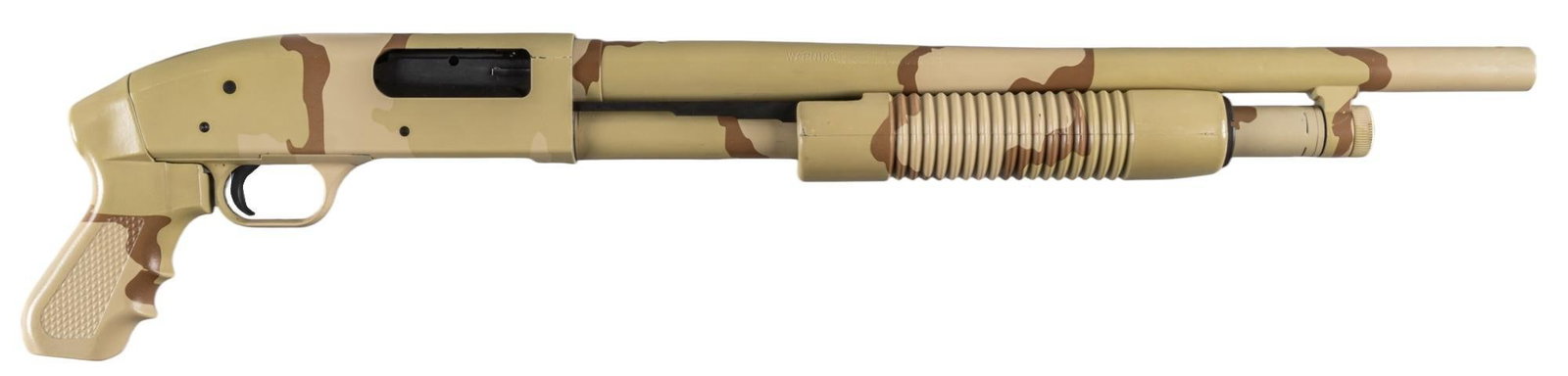 Mossberg Model 500 JIC 12 Gauge Pump Action Shotgun: Serial: U092909U Manufacturer: Mossberg Model: 500 JIC Sandstorm Caliber: 12 Ga. (2.75" or 3") Barrel length: 18.5 in. OAL: 28 in. Condition: Very Good; entire gun is painted over w/ desert ca