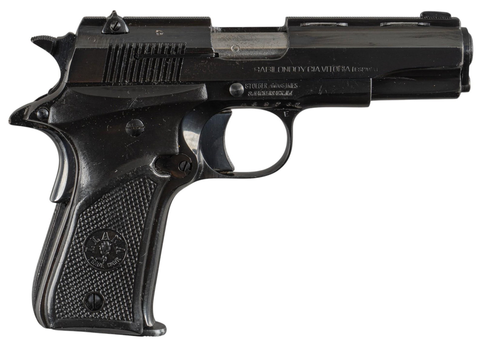 Llama Especial 22LR Semi-Auto Pistol: Serial: 839767 Manufacturer: Gabilondo Y CIA Vitoria-Spain / Stoeger Inc. Model: Llama Caliber: 22LR Barrel length: 3.5 in. OAL: 6.5 in. Condition: Very Good; grips have light wear & handling mark