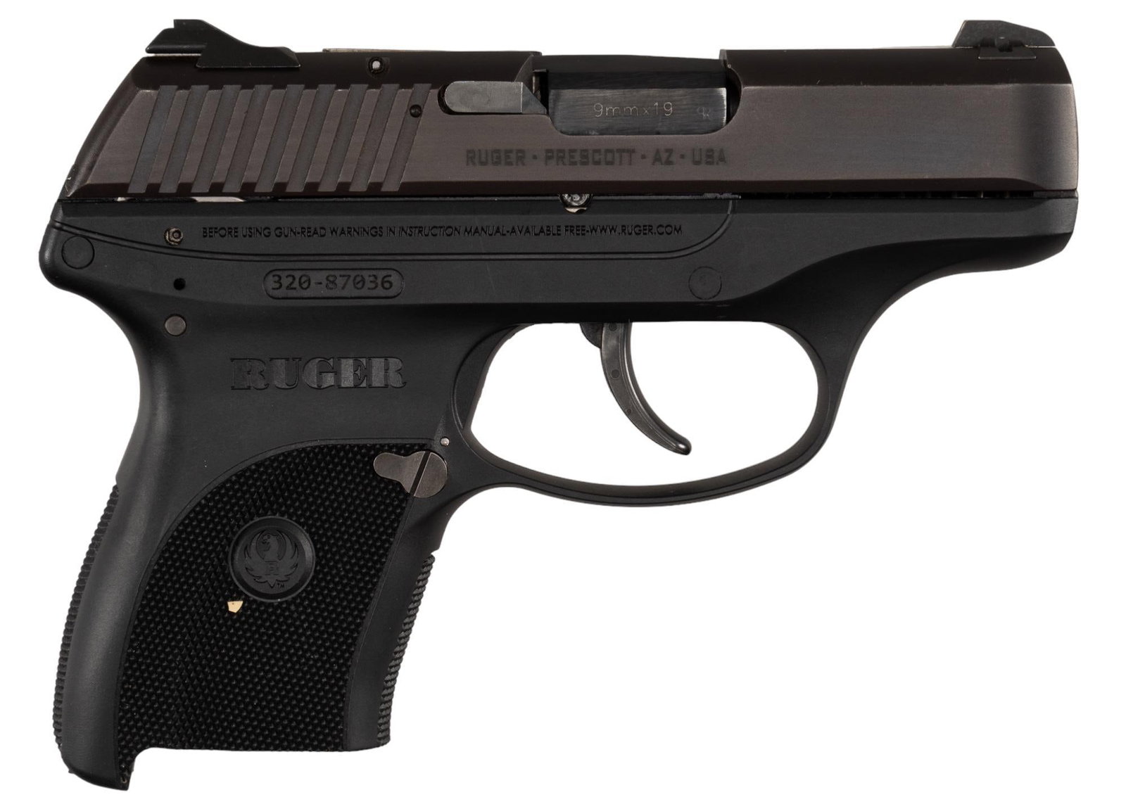 Ruger LC9 9mm Semi Auto Pistol: Serial: 320-87036 Manufacturer: Ruger USA Model: LC9 Caliber: 9mm Barrel length: 3 in. OAL: 6 in. Condition: Good; synthetic frame has light handling marks; slide has light handling marks; bore is exc