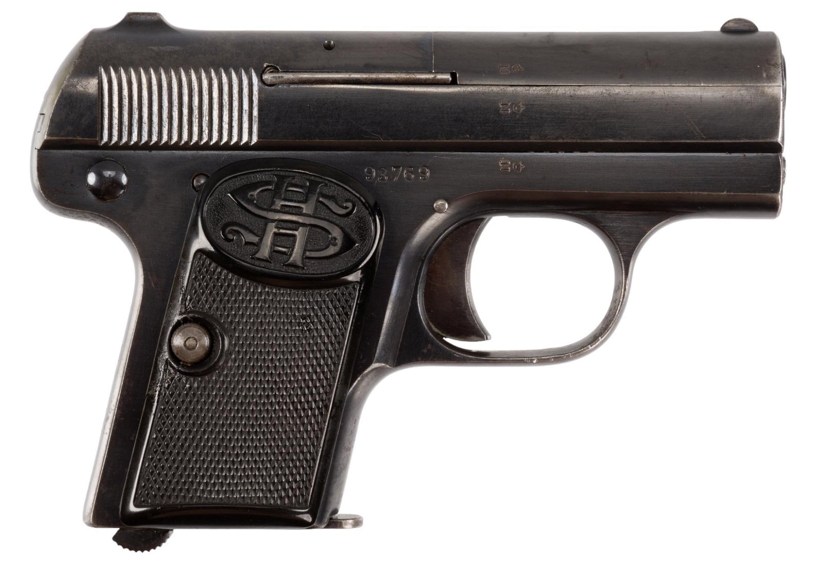 C.G. Haenel-Schmeisser Model I 25 ACP Pocket Pistol: Serial: 93769 Manufacturer: C.G. Haenel Suhl-Germany Model: Schmeisser Model I (2nd Variant) Caliber: 25 ACP Barrel length: 2.125 in. OAL: 4.5 in. Condition: Good; hard rubber grips have moderate hand