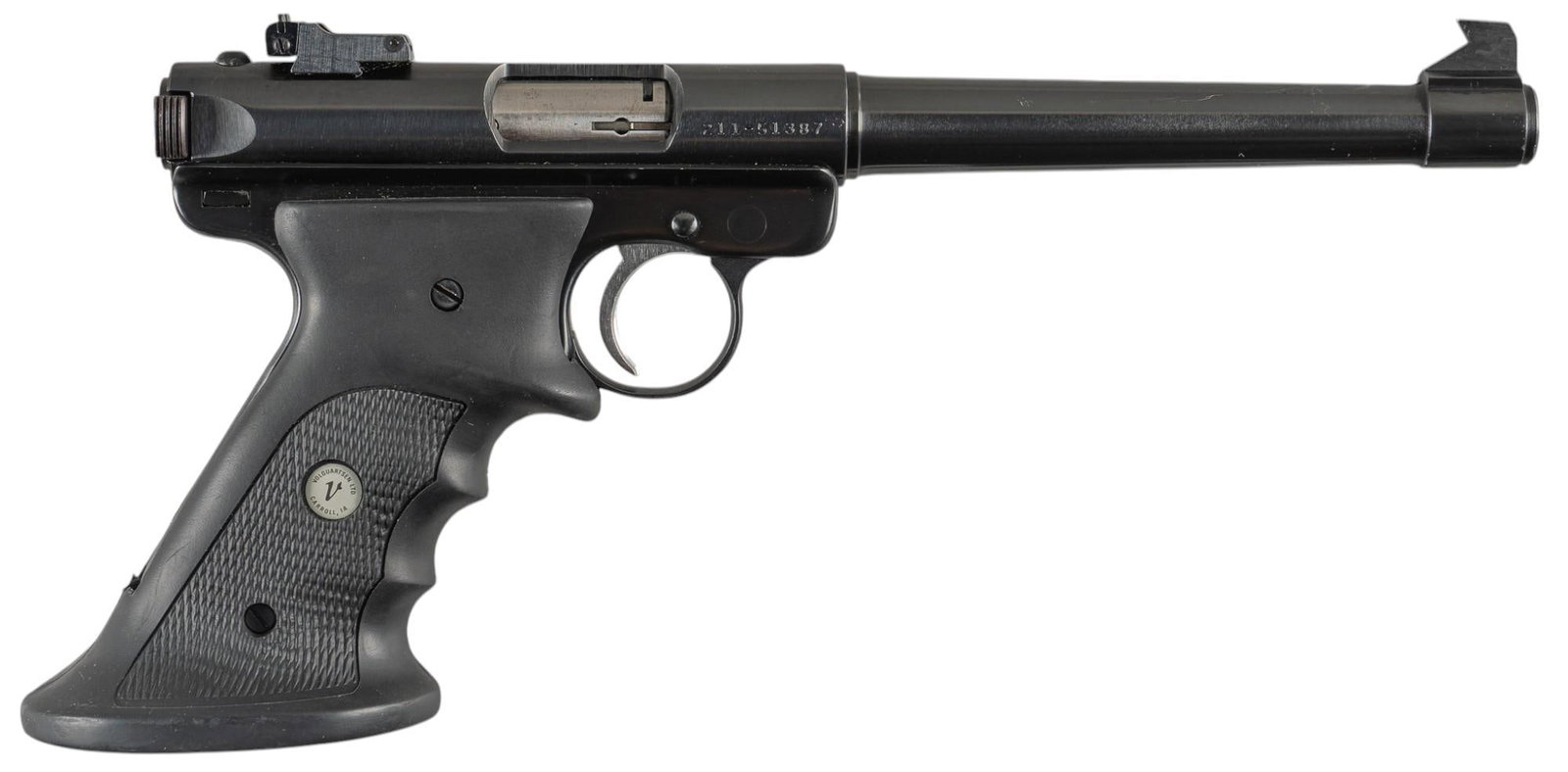 Ruger Mark II Target 22 LR Semi Auto Pistol: Serial: 211-51387 Manufacturer: Sturm, Ruger & Co. Model: Mark II Target Caliber: 22 LR Barrel length: 7 in. OAL: 12 in. Condition: Very Good; rubber target grips have light handling marks; barrel