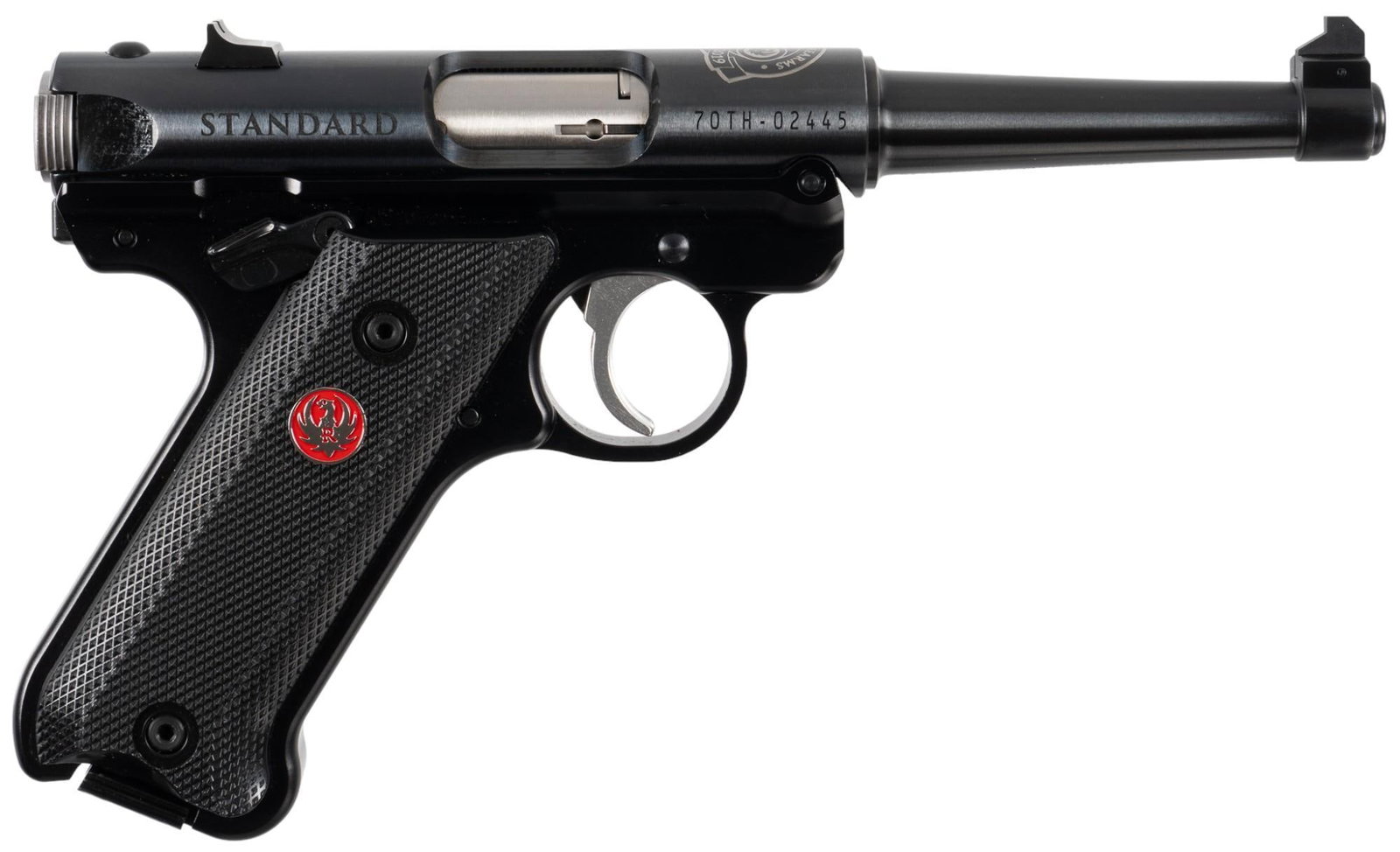 Nice Ruger Mark IV Standard 70th Anniversary Edition Pistol: Serial: 70TH-02445 Manufacturer: Ruger USA (c. 2019) Model: Mark IV Standard 70th Anniversary Edition Caliber: 22 LR Barrel length:4.5 in. OAL: 8.75 in. Condition: Excellent; very light handling marks