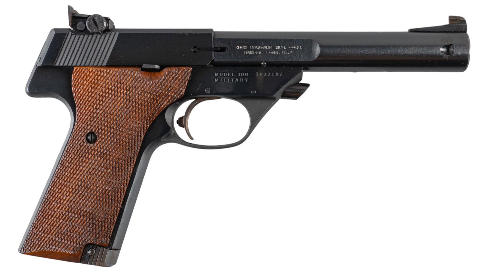 High Standard Supermatic Tournament 22LR Semi-Auto Pistol: Serial: 1837197 Manufacturer: High Standard Mfg. Corp. Model: 106 Military Supermatic Tournament Caliber: 22 LR Barrel length: 5.5 in. OAL: 9.75 in. Condition: Good; grips panels have very light wear 