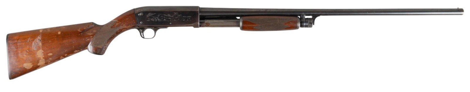 Ithaca Model 37 16 Gauge Pump Action Shotgun: Serial: 44057 Manufacturer: Ithaca Gun Co. Model: 37 Caliber: 16 Ga. (fixed mod choke) Barrel length: 28 in. (2.75 in. chamber) OAL: 47.25 in. Condition: Fair; wood stock & pump grip have signific