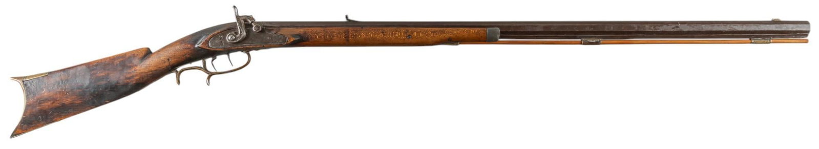 Unmarked 36 Cal. Percussion Trade Rifle: Serial: NSN Manufacturer: Unknown Model: Percussion Rifle Caliber: approx. 36 Barrel length: 35.5 in. OAL: 51.25 in. Condition: fair; stock has light-moderate wear & handling marks with pressure d