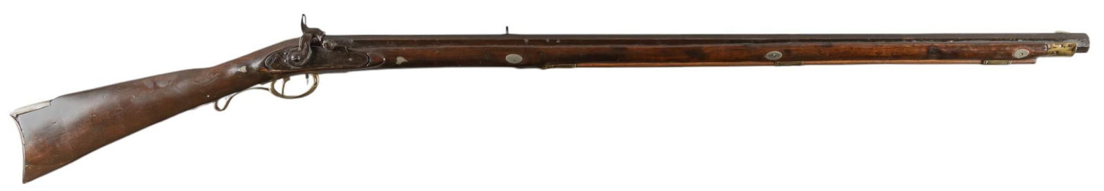 James Golcher .40 Cal Percussion Rifle: Serial: NSN Manufacturer: James Golcher Model: Percussion Rifle Caliber: approx. .40 Barrel length: 36 in. OAL: 51 in. Condition: Fair; stock has light-moderate wear & handling marks including pre